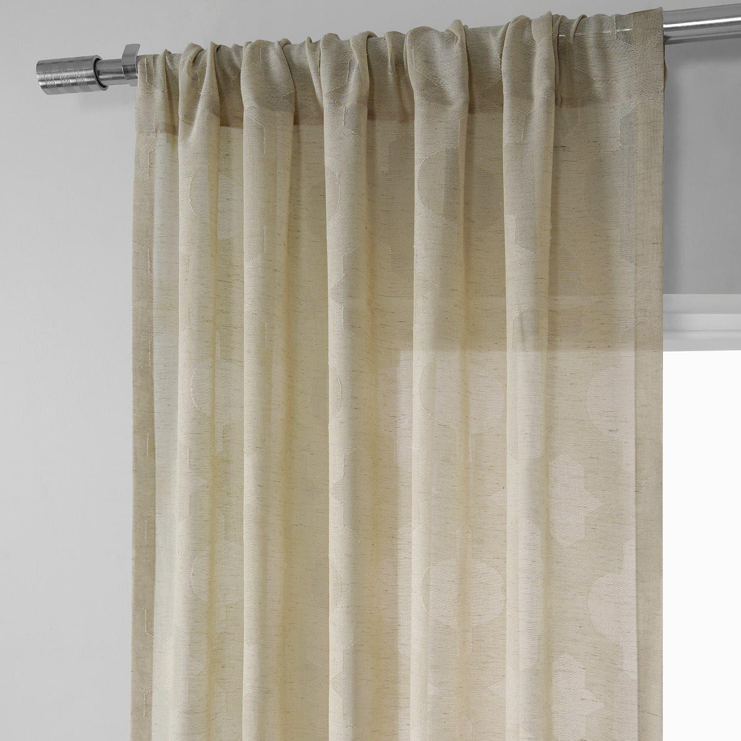 Calais Tile Beige Geometric Patterned Faux Linen Sheer Curtain - Image 3