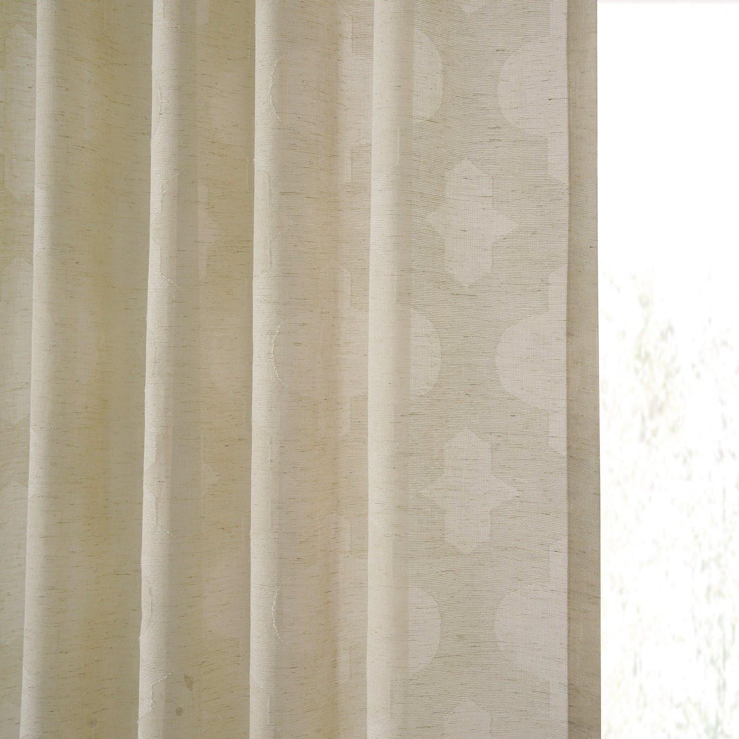 Calais Tile Beige Geometric Patterned Faux Linen Sheer Curtain - Image 4