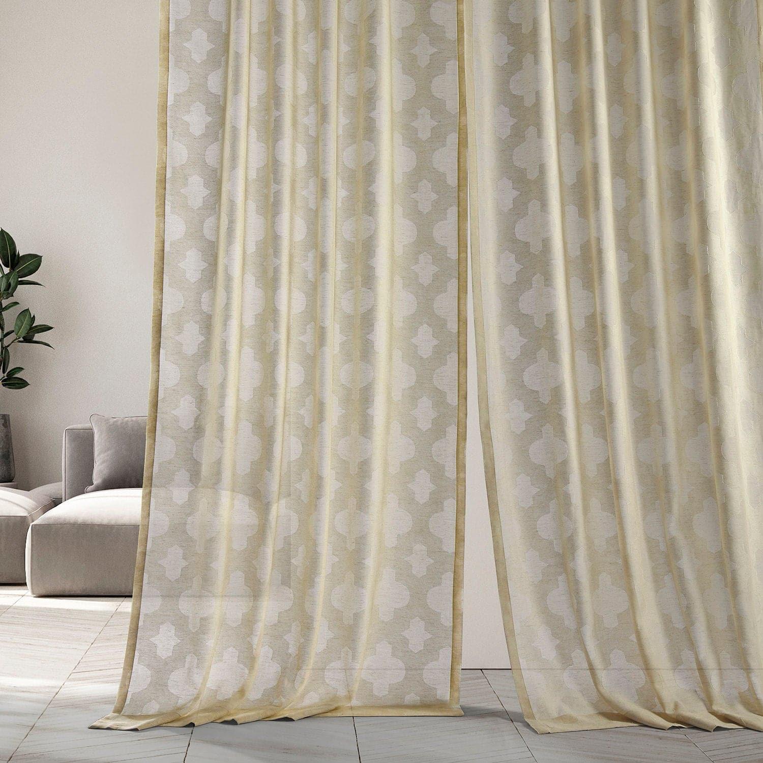 Calais Tile Beige Geometric Patterned Faux Linen Sheer Curtain - Image 5